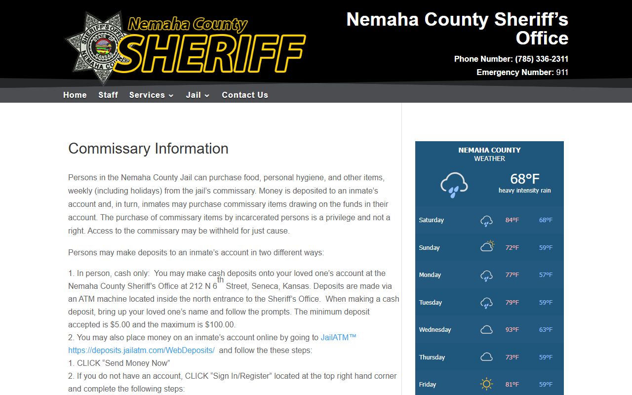 Nemaha County Jail commissary and JailATM deposit rules