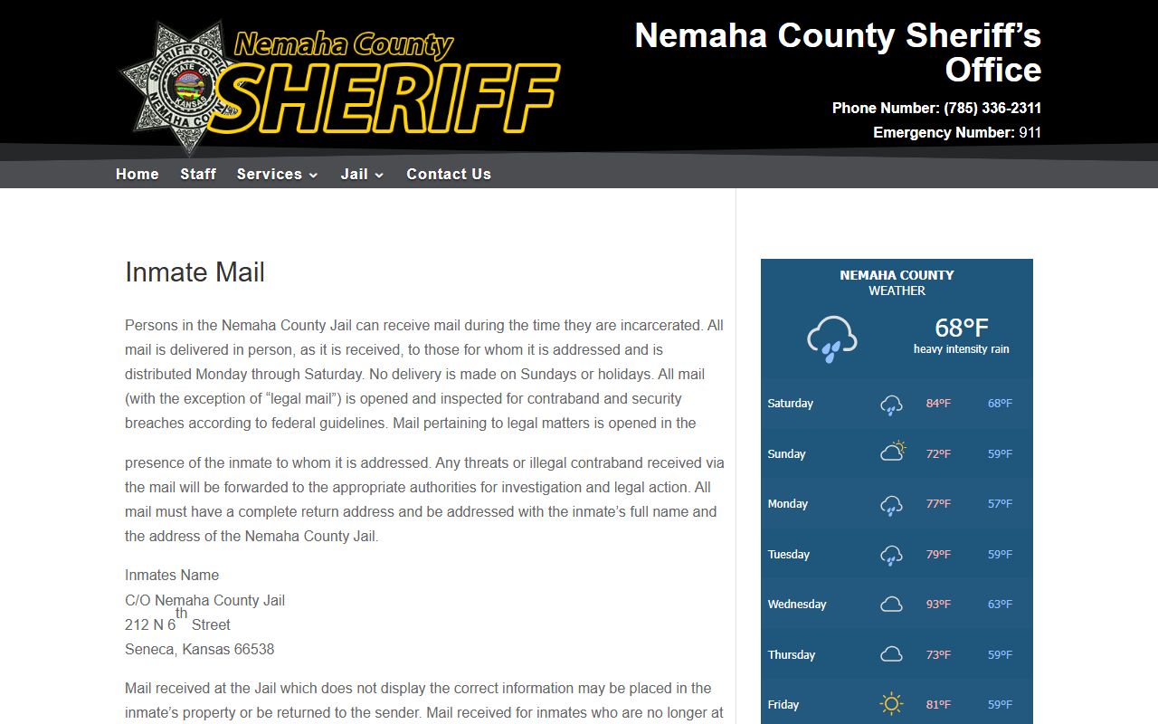 Nemaha County Jail inmate mail rules and address format
