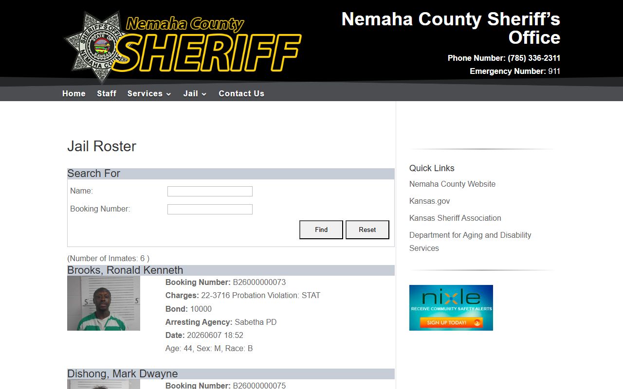 Nemaha County jail roster search fields and inmate records