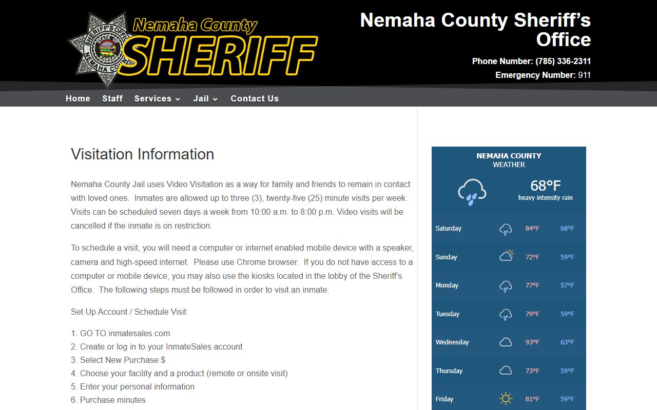 Nemaha County jail visitation information for inmate video visits